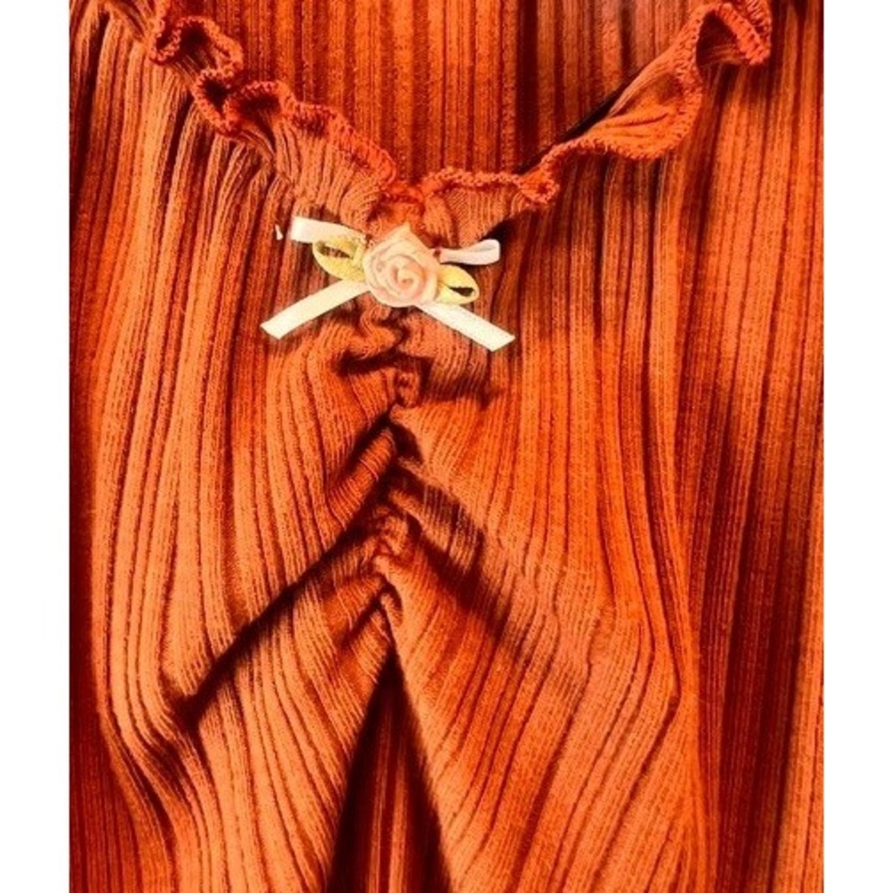 Haute Fox 1X Plus Rust Plissé Micro Pleat Ruffle Coquette Lettuce Hem Bow Top - Picture 4 of 9